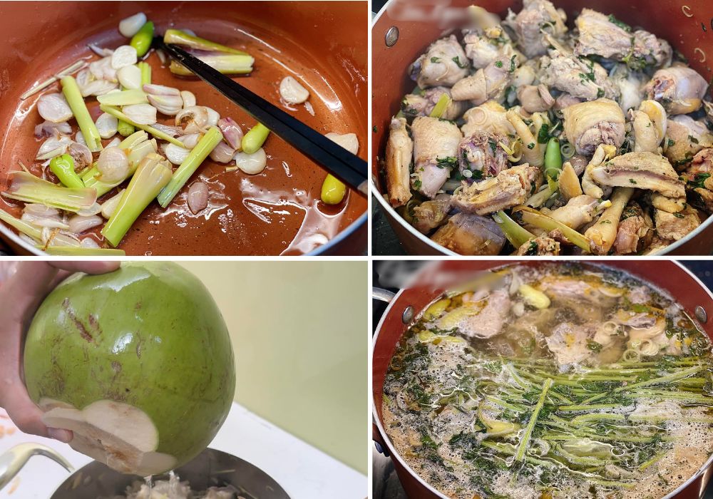 Phần quan trọng nhất là nước lẩu gà nấu lá é